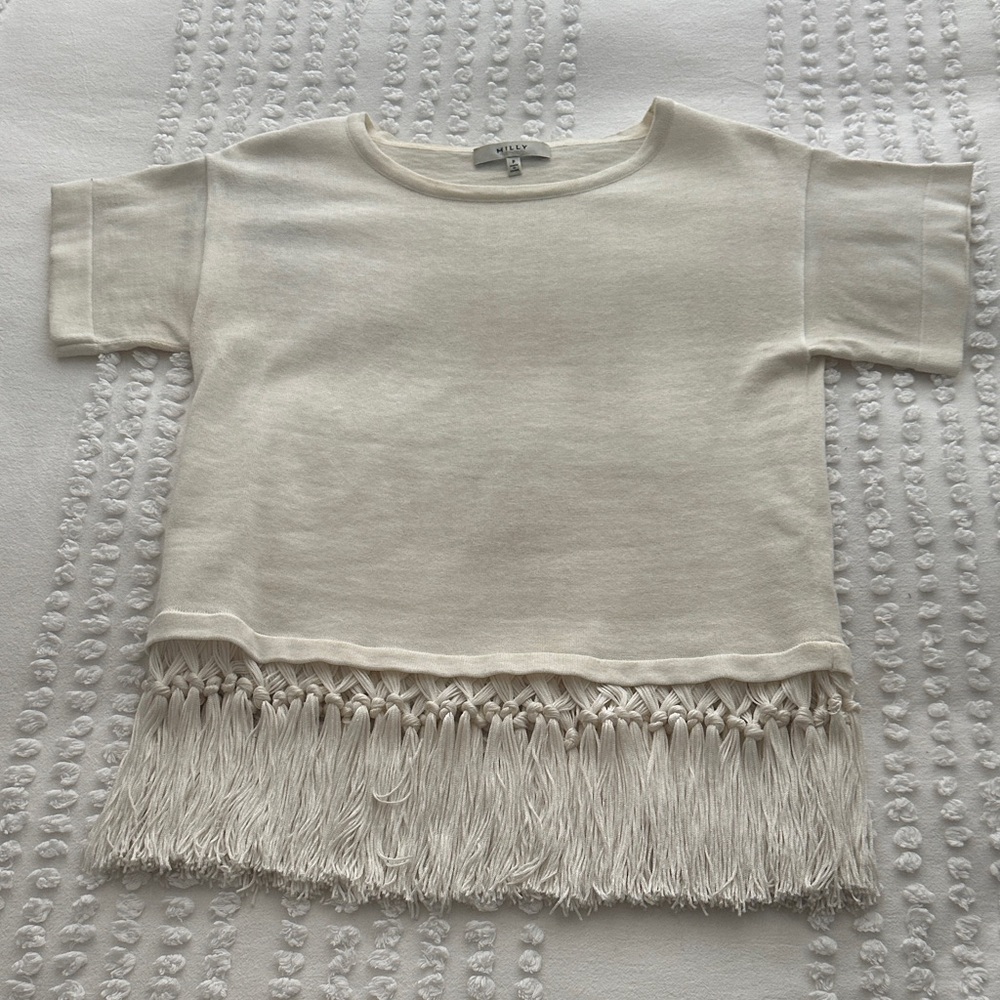 Milly Cream Fringe Short Sleeve Tee Sz P